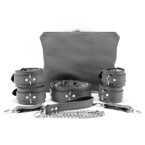 BDSM Leather Ankle & Wrist Cuffs with Collar, Chain, & Leash Set