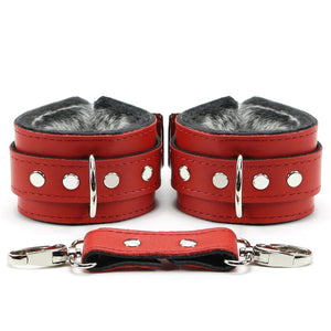 BDSM Leather Ankle & Wrist Cuffs with Collar, Chain, & Leash Set