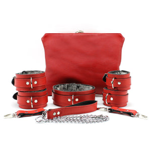 BDSM Leather Ankle & Wrist Cuffs with Collar, Chain, & Leash Set