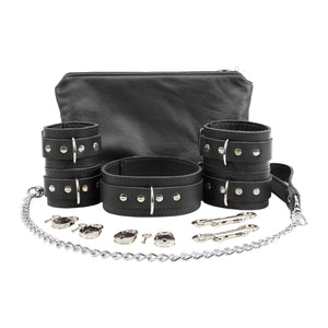 Ankle and Wrist Cuffs Collar Chain Leash Set - Soft Handcrafted Leather BDSM Restraints | Atlanta Collection