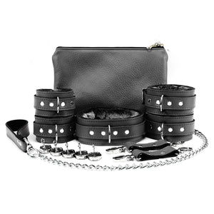 BDSM Leather Ankle & Wrist Cuffs with Collar, Chain, & Leash Set