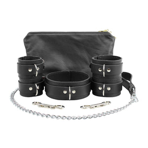 Ankle and Wrist Cuffs Collar Chain Leash Set - Soft Handcrafted Leather BDSM Restraints | Atlanta Collection