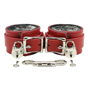 BDSM Restraint Set - Ankle & Wrist Cuffs, Collar with Chain Leash, Faux Fur & Lambskin Leather | Atlas Collection