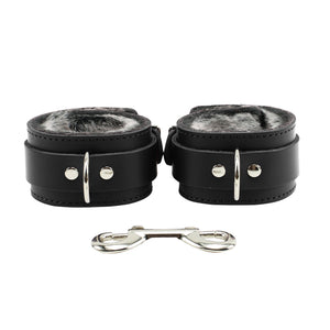 Leather BDSM Handcuffs with Fur Lining and Chain Lead | Atlas Collection