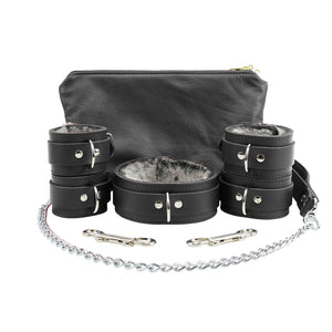 BDSM Restraint Set - Ankle & Wrist Cuffs, Collar with Chain Leash, Faux Fur & Lambskin Leather | Atlas Collection