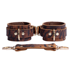 Tiger Print Leather BDSM Wrist/Ankle Cuffs with Customizable Gold-Plated Hardware | Thais Collection