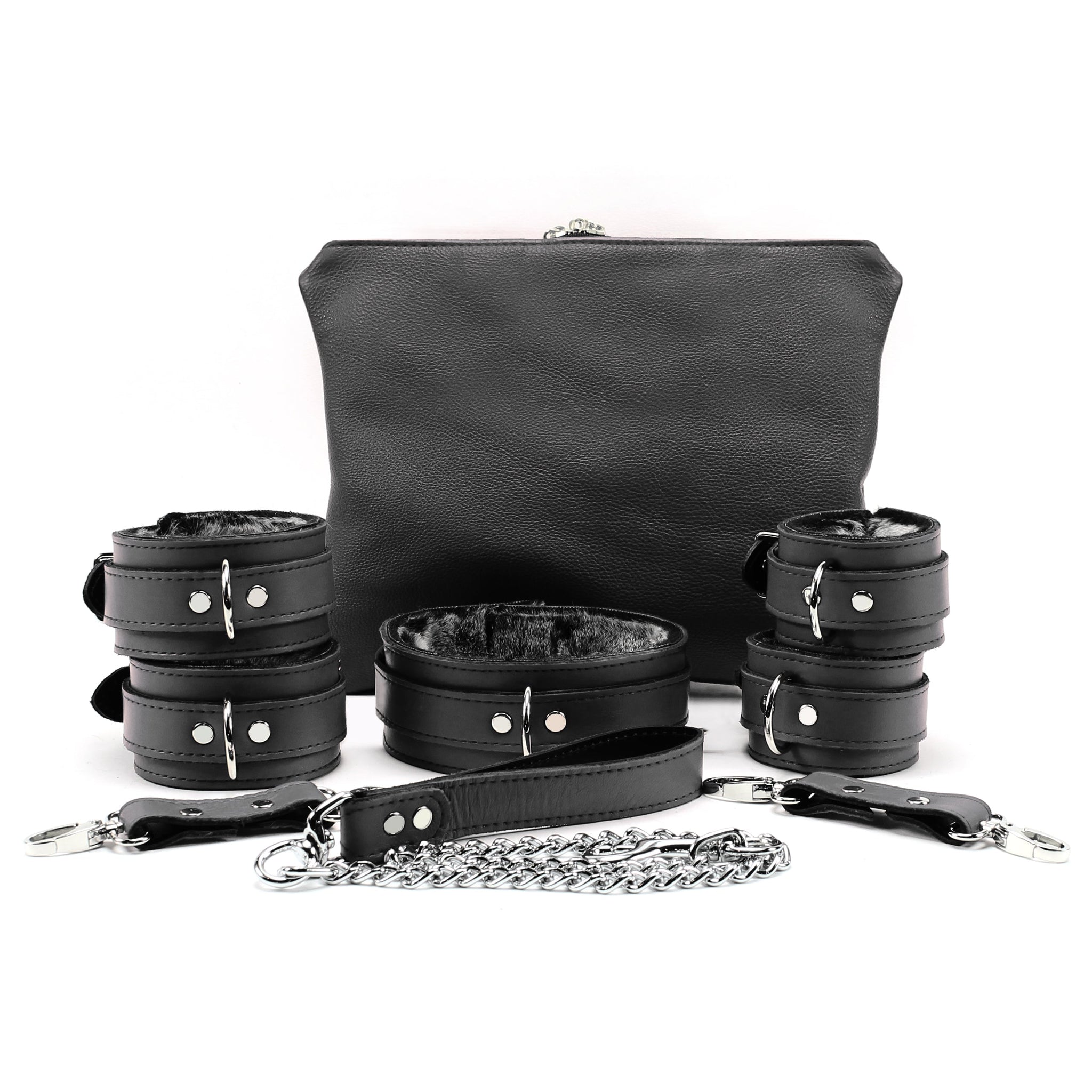 BDSM Leather Ankle & Wrist Cuffs with Collar, Chain, & Leash Set | Bonn Collection