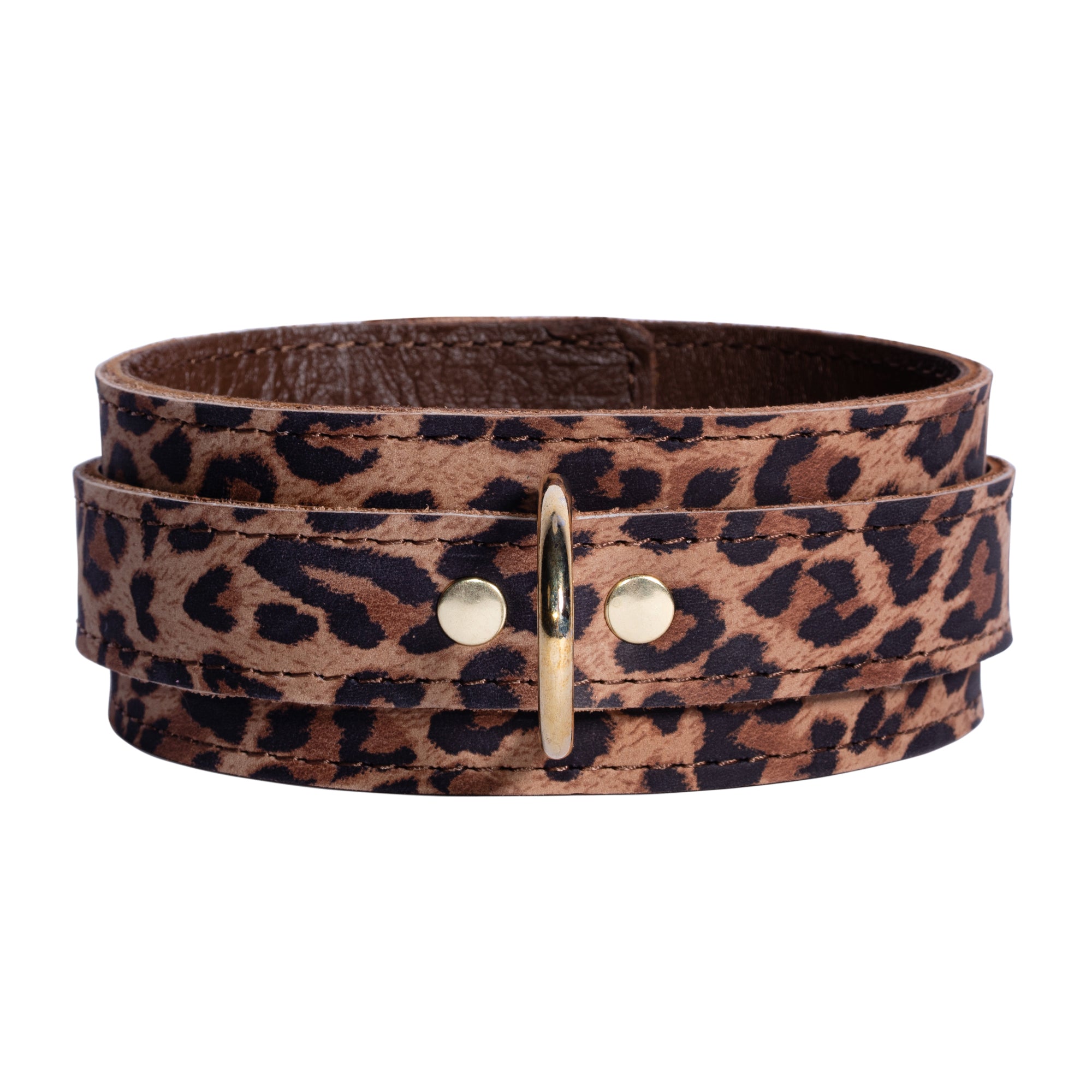 Leopard Print Leather BDSM Collar – Customizable with Gold Hardware | Thais Collection