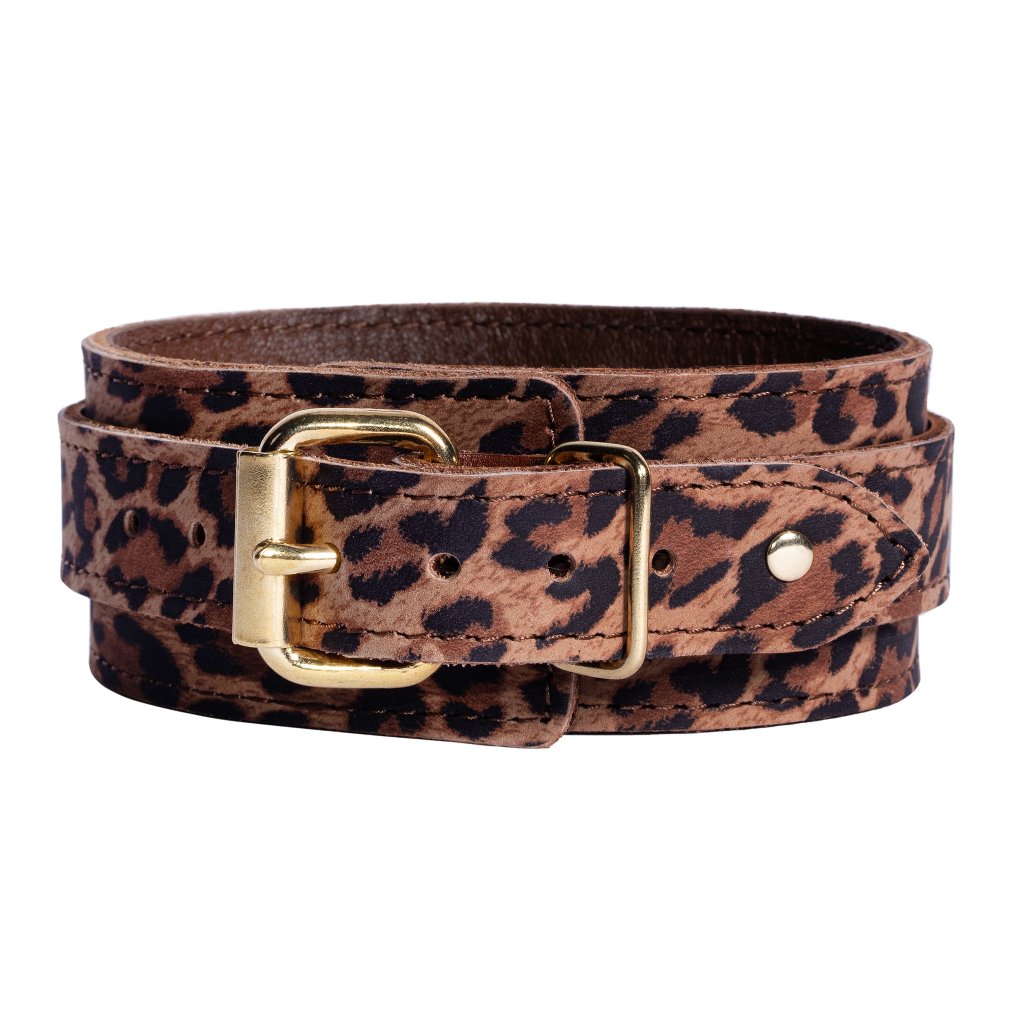 Leopard Print Leather BDSM Collar – Customizable with Gold Hardware | Thais Collection