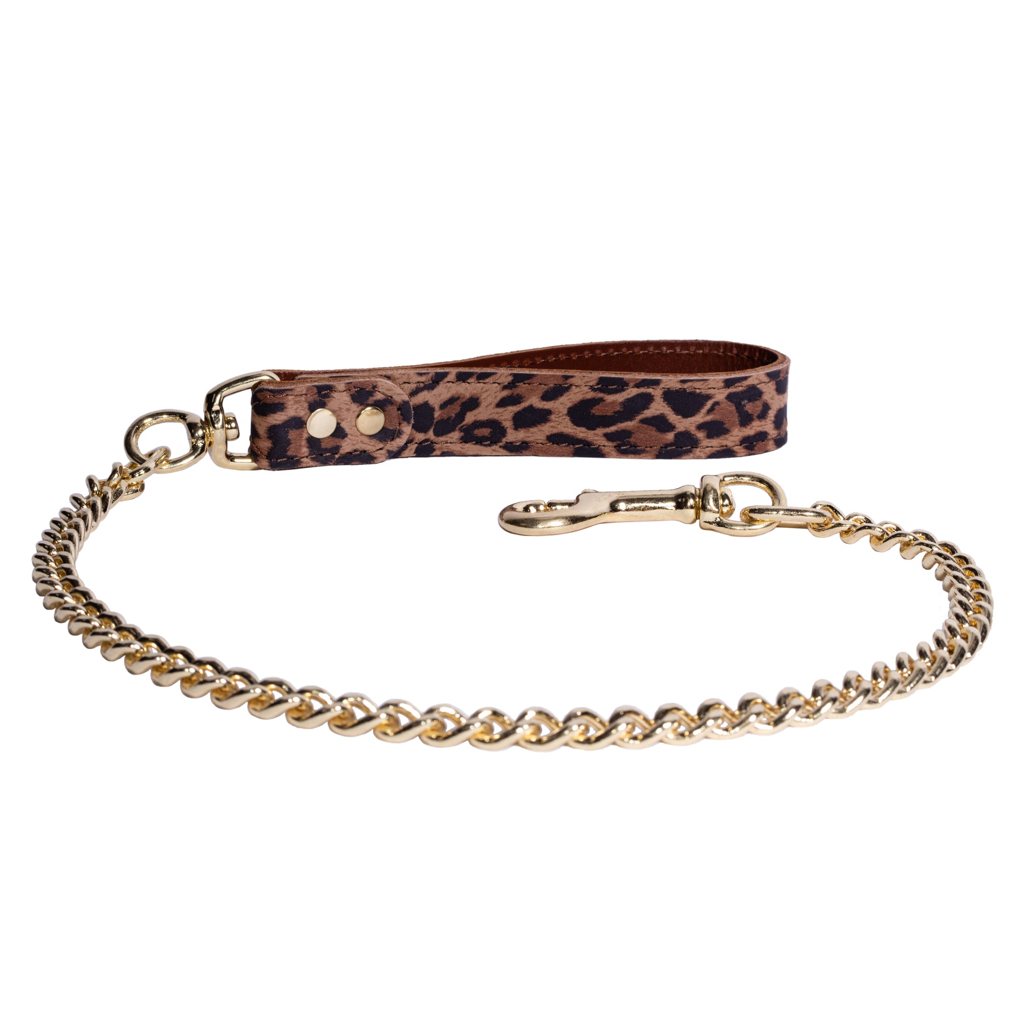 Leopard Print Leather BDSM Chain Leash - Customizable, Gold-Plated Hardware | Thais Collection