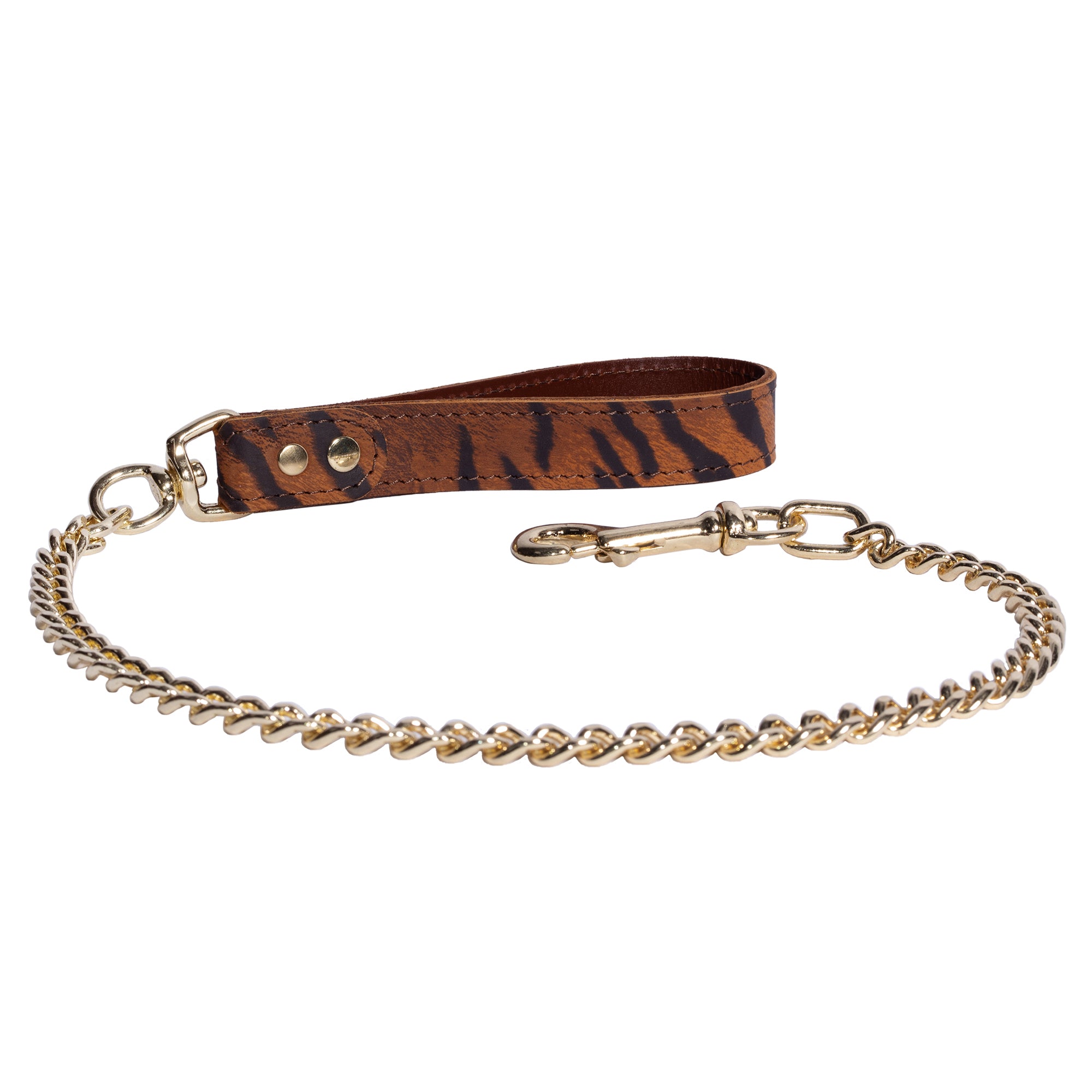 Tiger Print Leather BDSM Chain Leash with Gold-Plated Hardware | Thais Collection