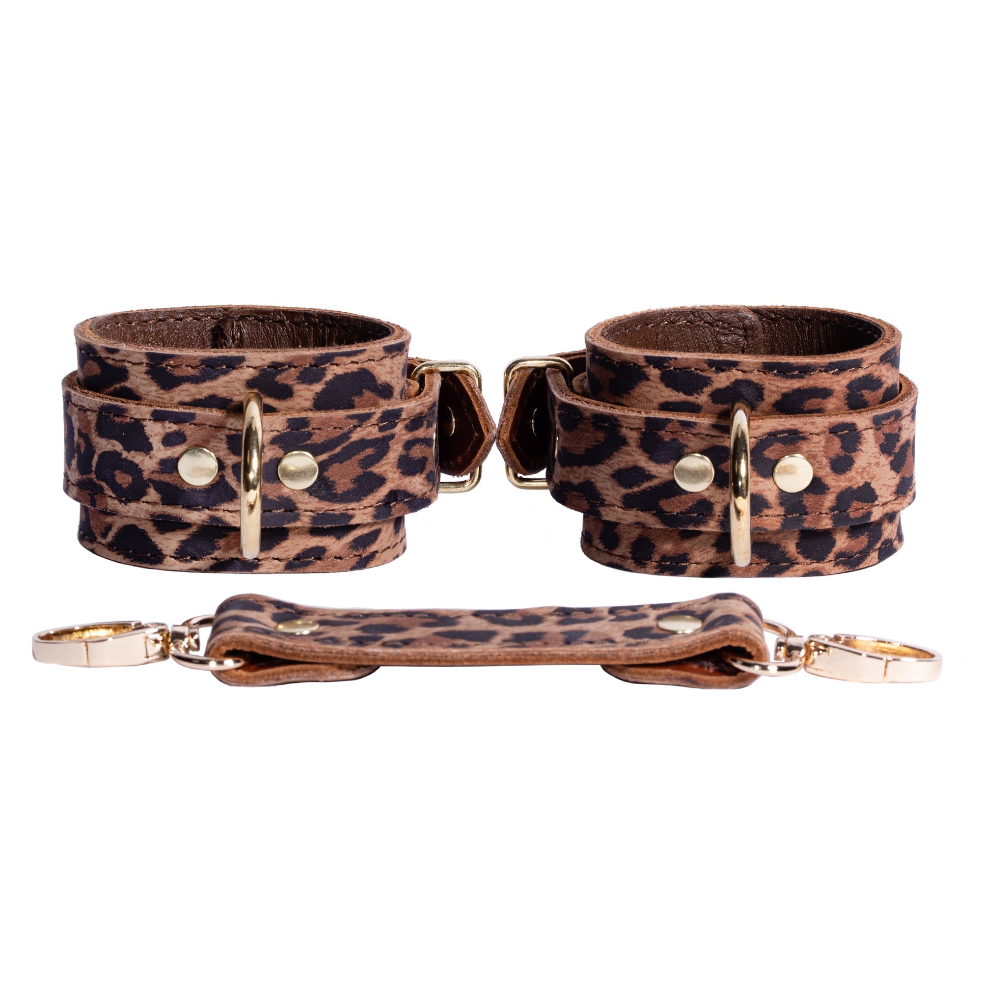 Leopard Print Leather BDSM Cuff Connectors - Gold-Plated Bondage Accessories Set | Thais Collection