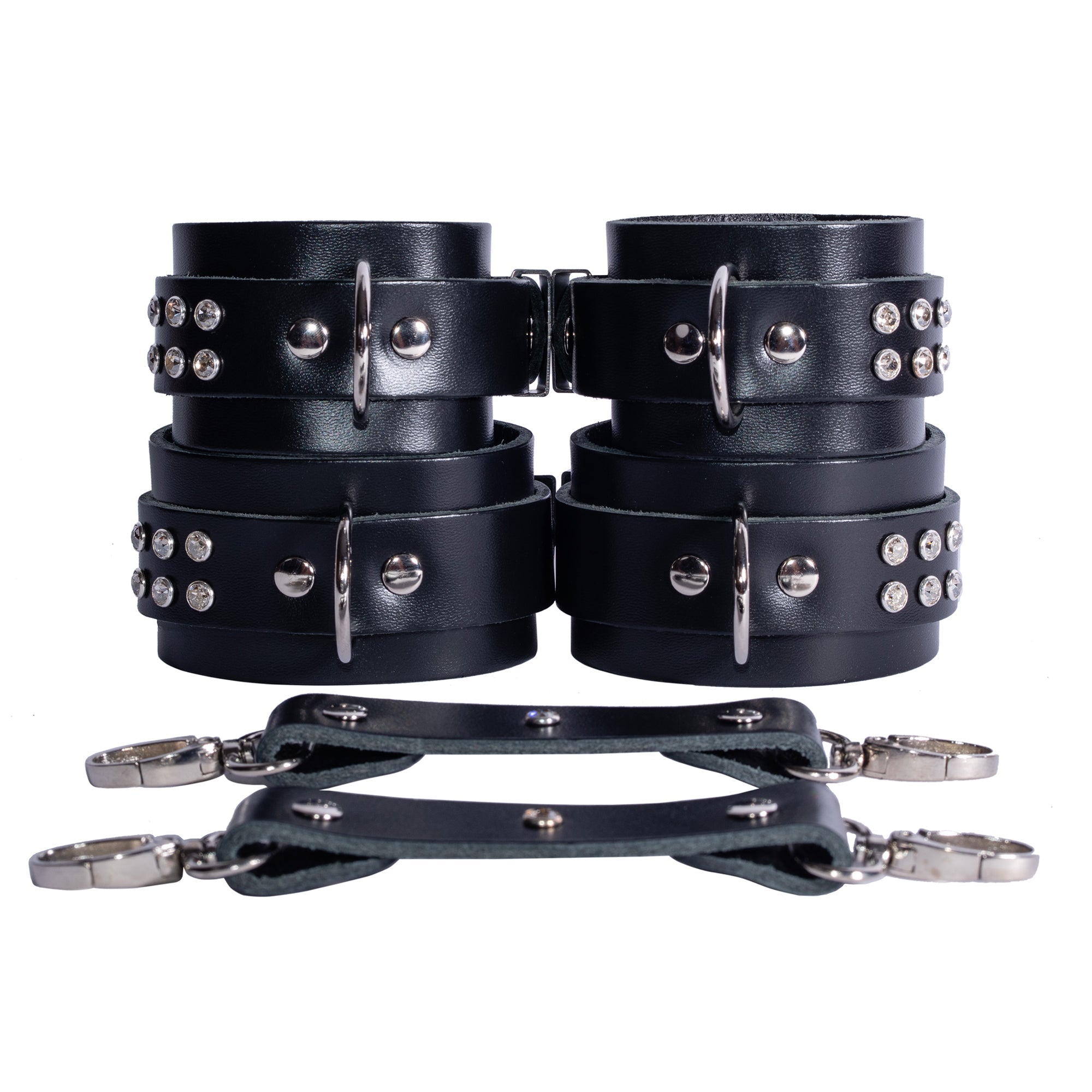 BDSM Crystal Leather Wrist & Ankle Cuffs Set with Connectors | Valerie Collection