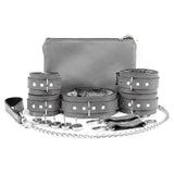 BDSM Leather Ankle & Wrist Cuffs with Collar, Chain, & Leash Set