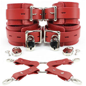 BDSM Leather Wrist & Ankle Cuffs with Hogtie Combo - Sturdy Restraints for Bondage Play | Atlanta Collection