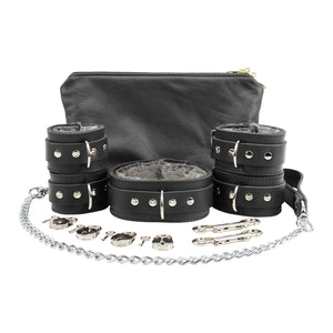 BDSM Restraint Set - Ankle & Wrist Cuffs, Collar with Chain Leash, Faux Fur & Lambskin Leather | Atlas Collection