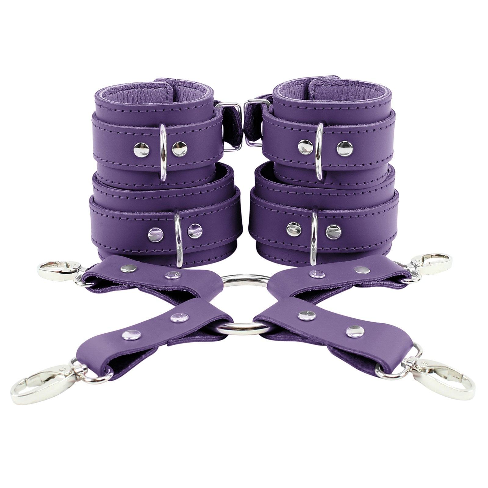 BDSM Leather Wrist & Ankle Cuffs with Hogtie Combo - Sturdy Restraints for Bondage Play | Atlanta Collection