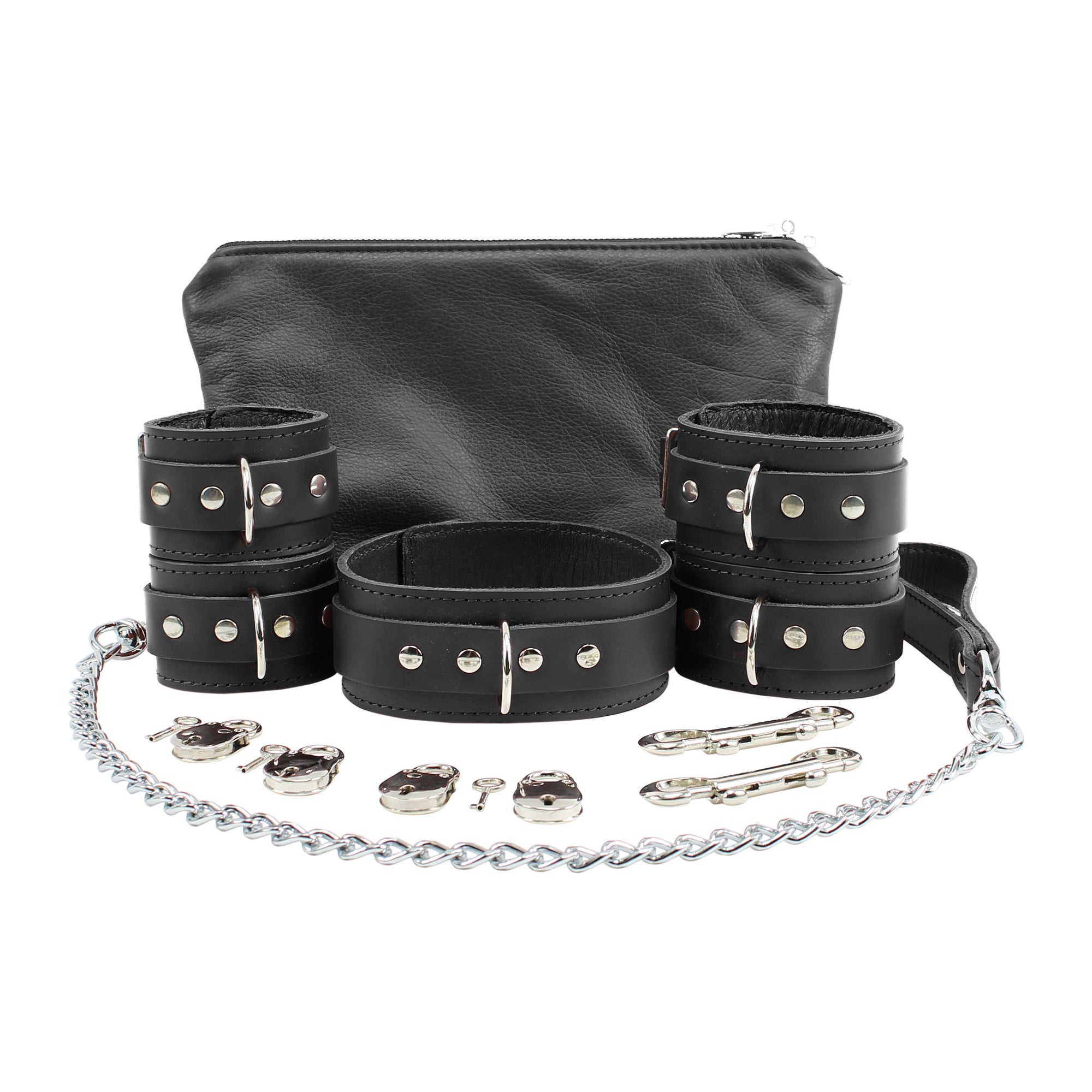 Ankle and Wrist Cuffs Collar Chain Leash Set - Soft Handcrafted Leather BDSM Restraints | Atlas Collection