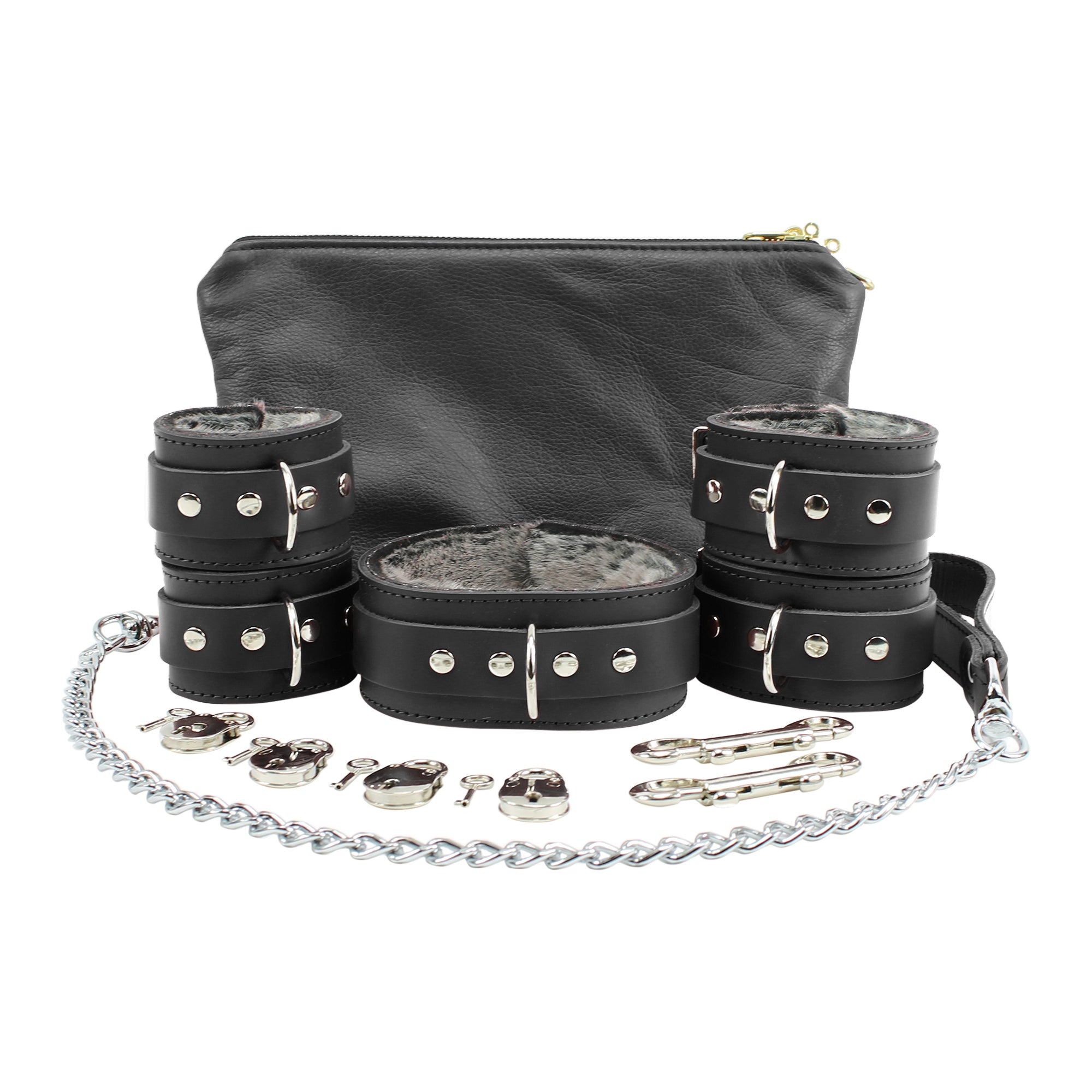 Atlas Set Ankle Cuffs Wrist Cuffs Collar Chain Leash Chinchilla Faux Fur Lambskin Leather