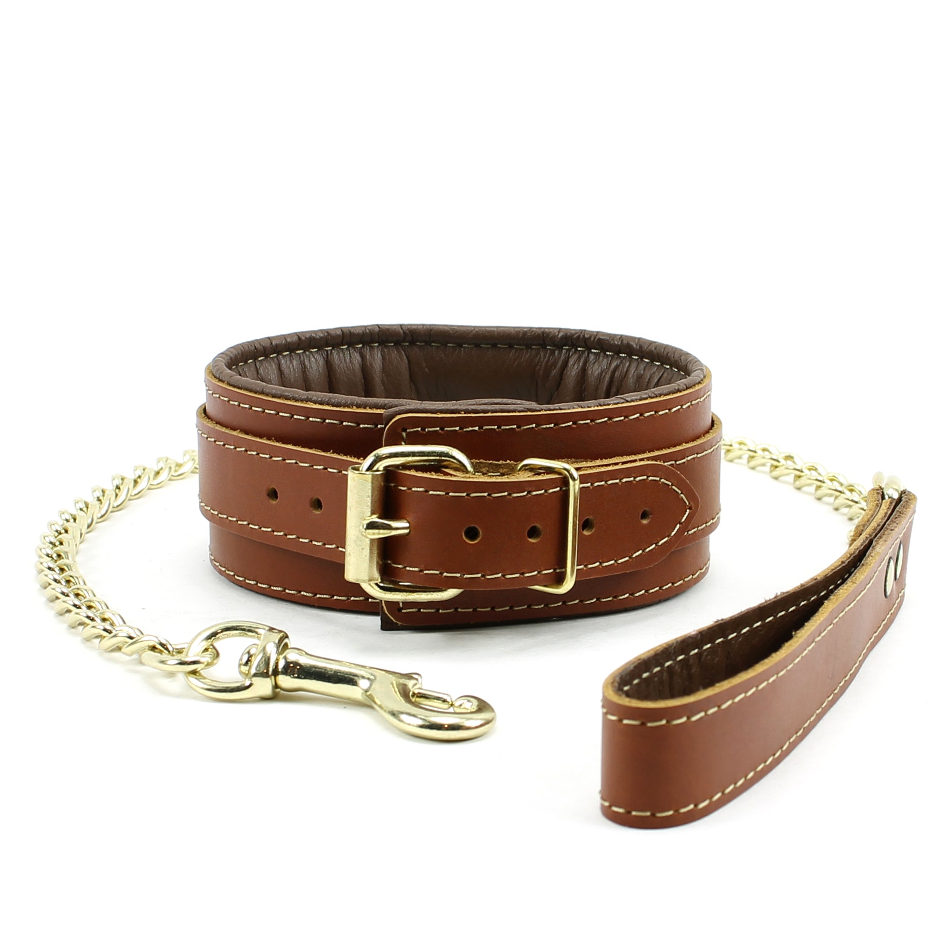 Fox Padded Brown Leather Collar and Leash