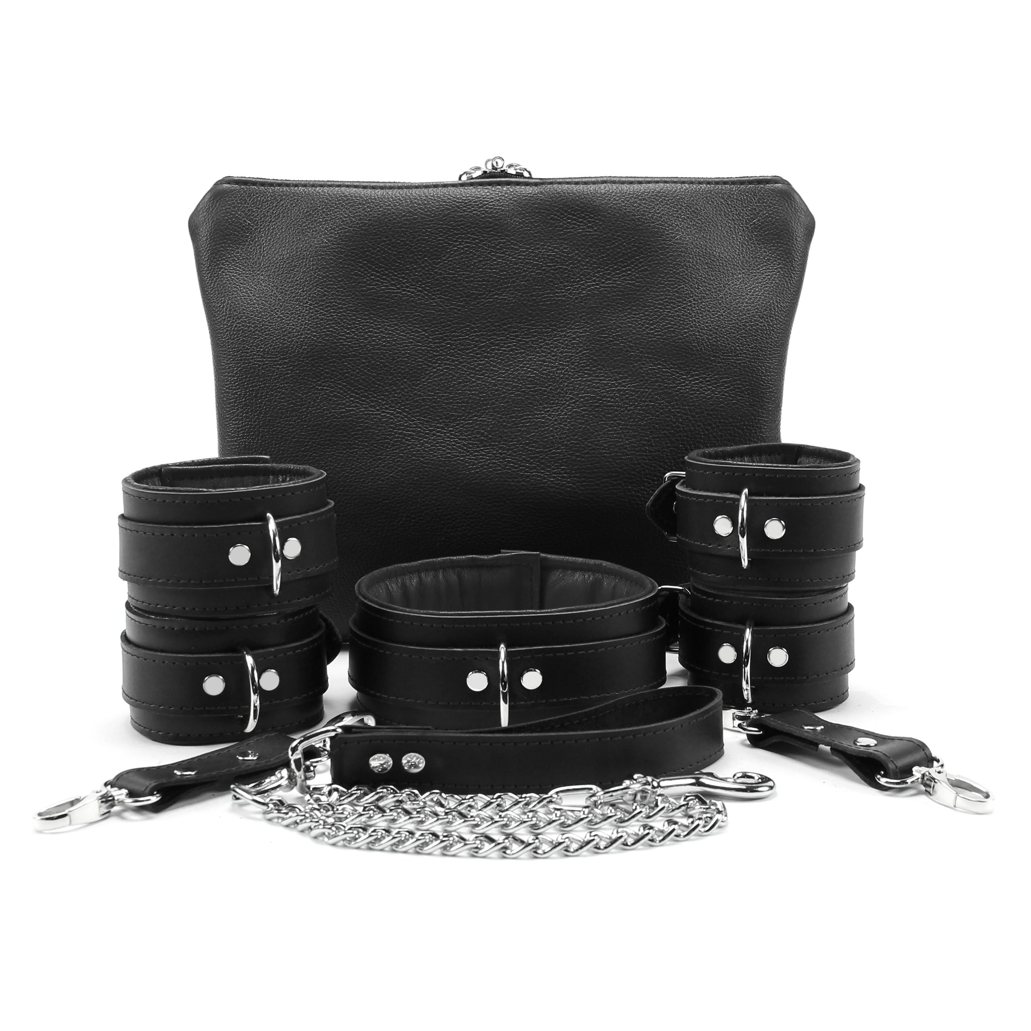 Madison Leather BDSM Collar and Cuff Set - Full Grain, Handmade with Chain Leash | Madison Collection