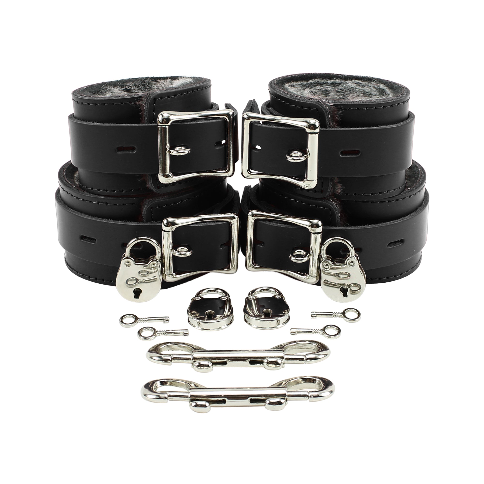 Bondage Fur Wrist & Ankle Cuffs Set with Hogtie - Sturdy Leather BDSM Restraints | Atlanta Collection