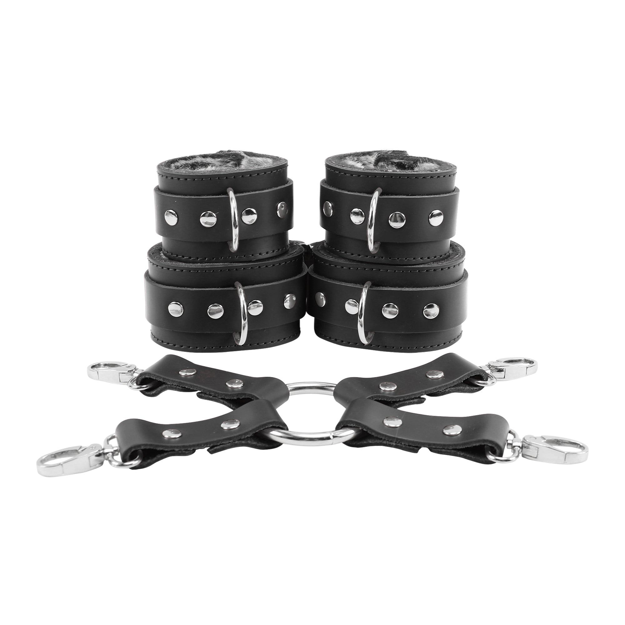 Bondage Fur Wrist & Ankle Cuffs Set with Hogtie - Sturdy Leather BDSM Restraints | Atlas Collection