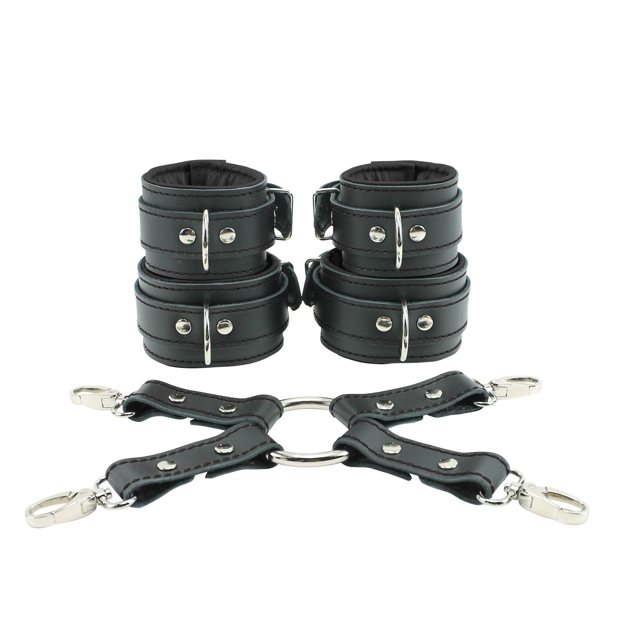 Madison Lockable Genuine Leather Wrist & Ankle Cuffs 4-Way Hogtie BDSM Restraints | Madison Collection