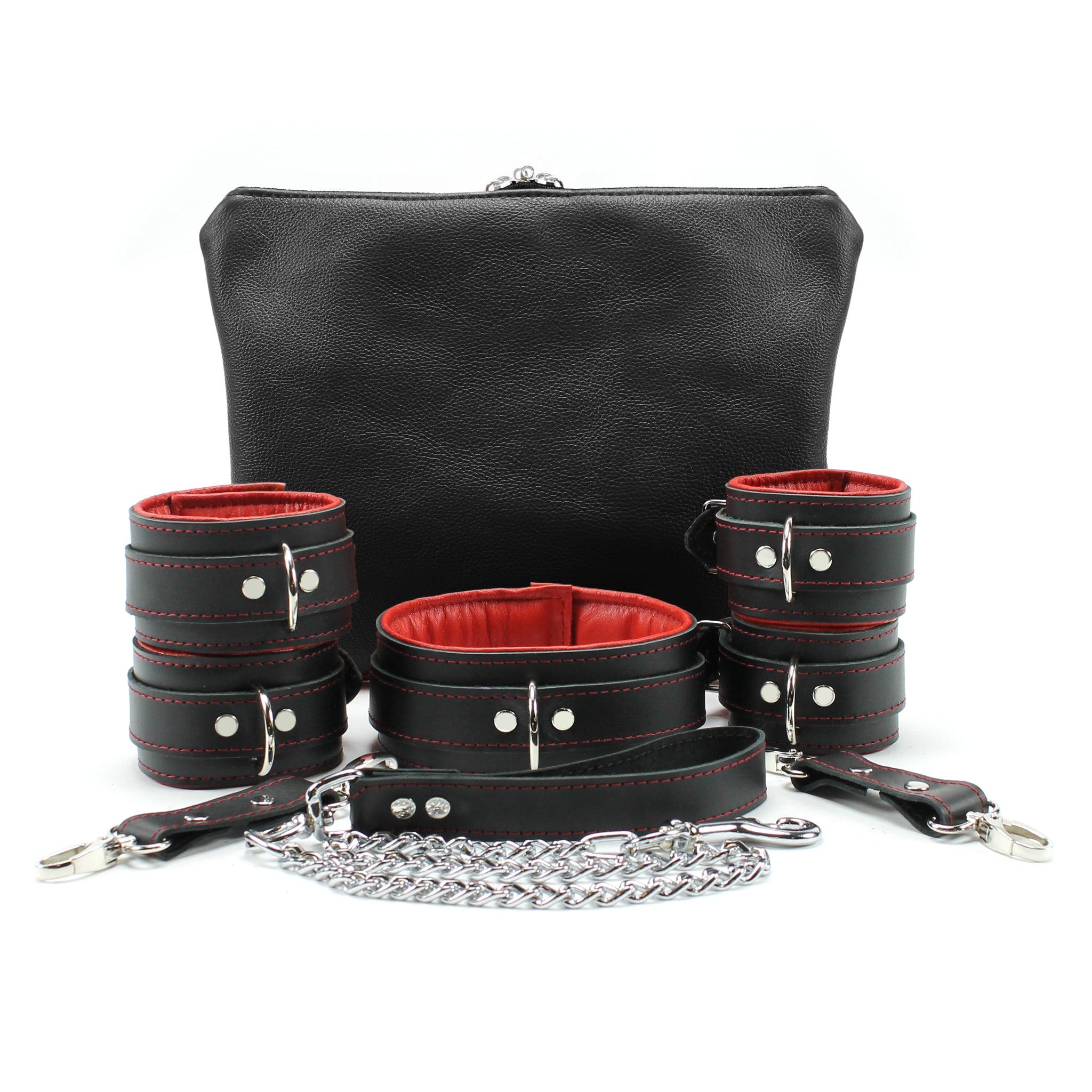 Madison Leather BDSM Collar and Cuff Set - Full Grain, Handmade with Chain Leash | Madison Collection